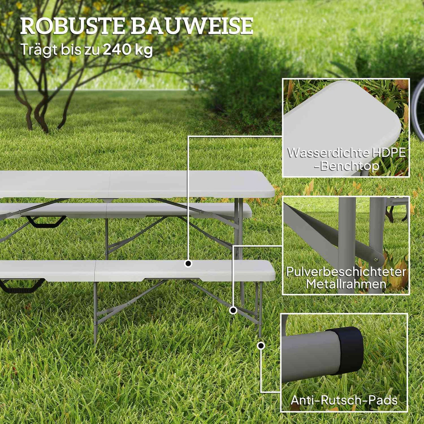 Folding beer tent bench, 2-person, weatherproof, metal legs