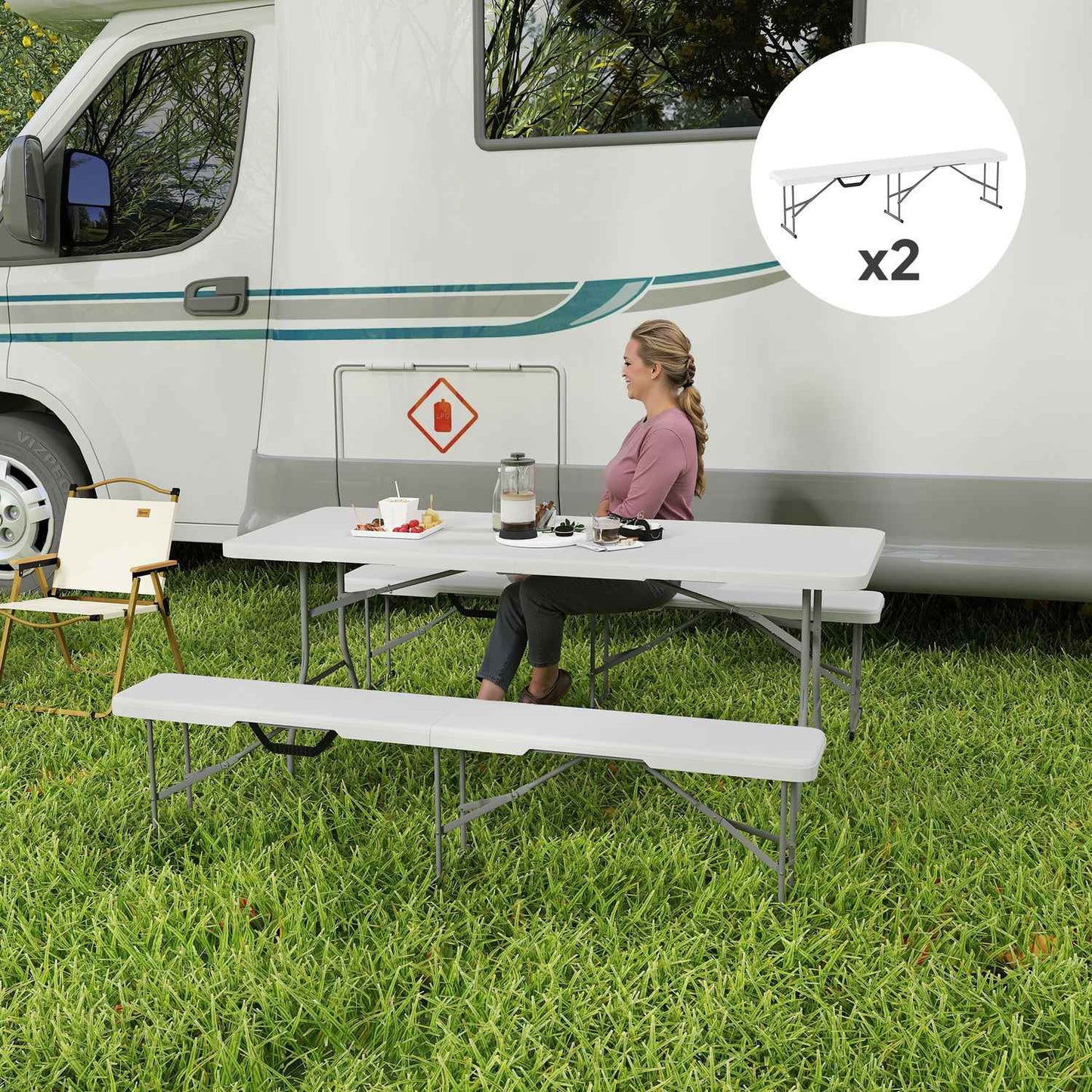 Folding beer tent bench, 2-person, weatherproof, metal legs