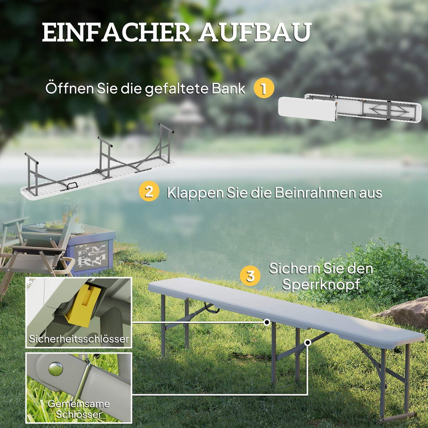 Folding beer tent bench, 2-person, weatherproof, metal legs