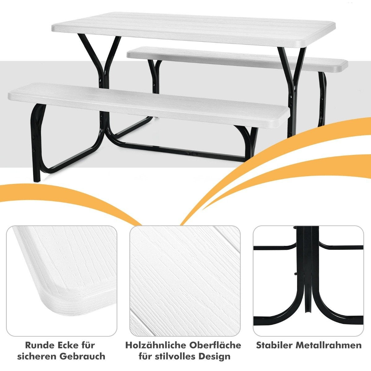 Beer tent set picnic table & 2 benches with white metal frame