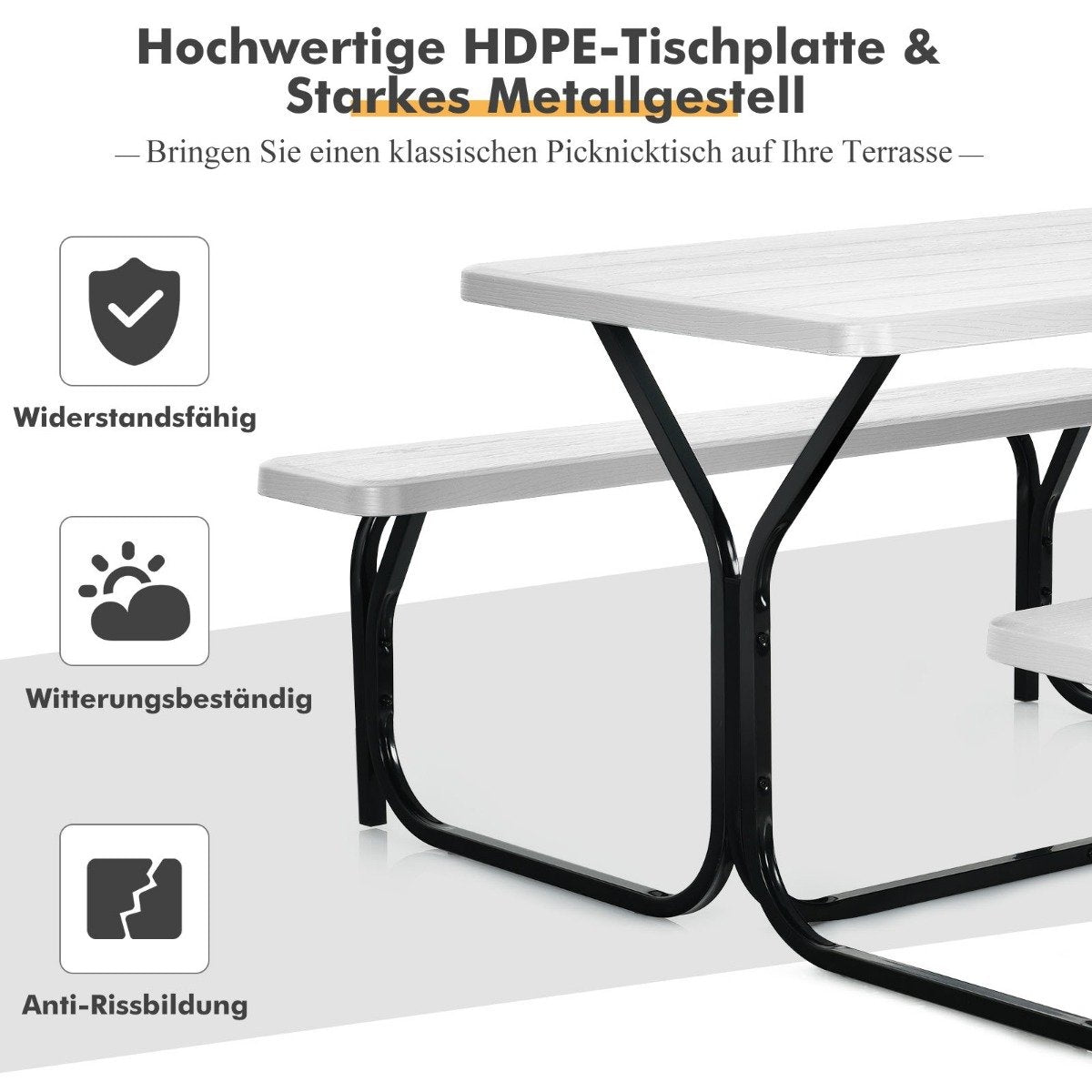 Beer tent set picnic table & 2 benches with white metal frame