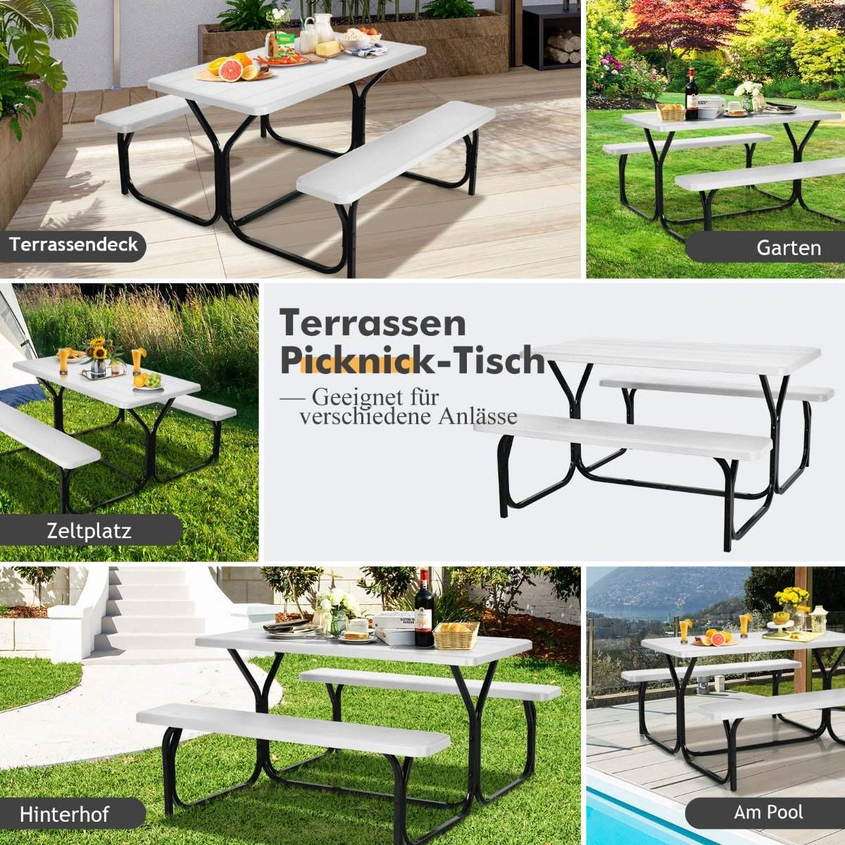 Beer tent set picnic table & 2 benches with white metal frame