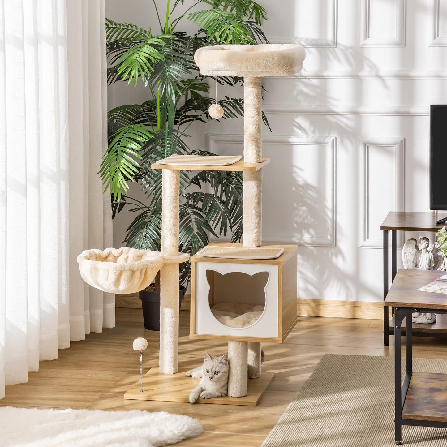 Beige cat tree with cave and sisal poles, 126 Cm