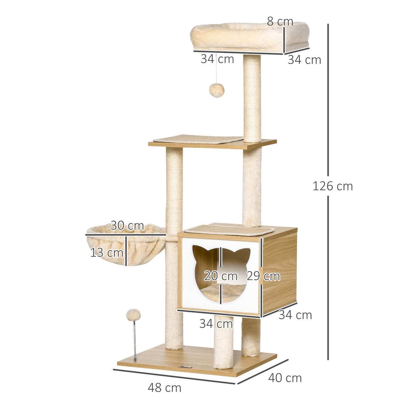 Beige cat tree with cave and sisal poles, 126 Cm
