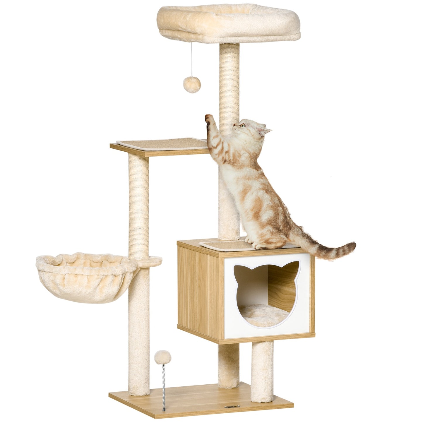 Beige cat tree with cave and sisal poles, 126 Cm