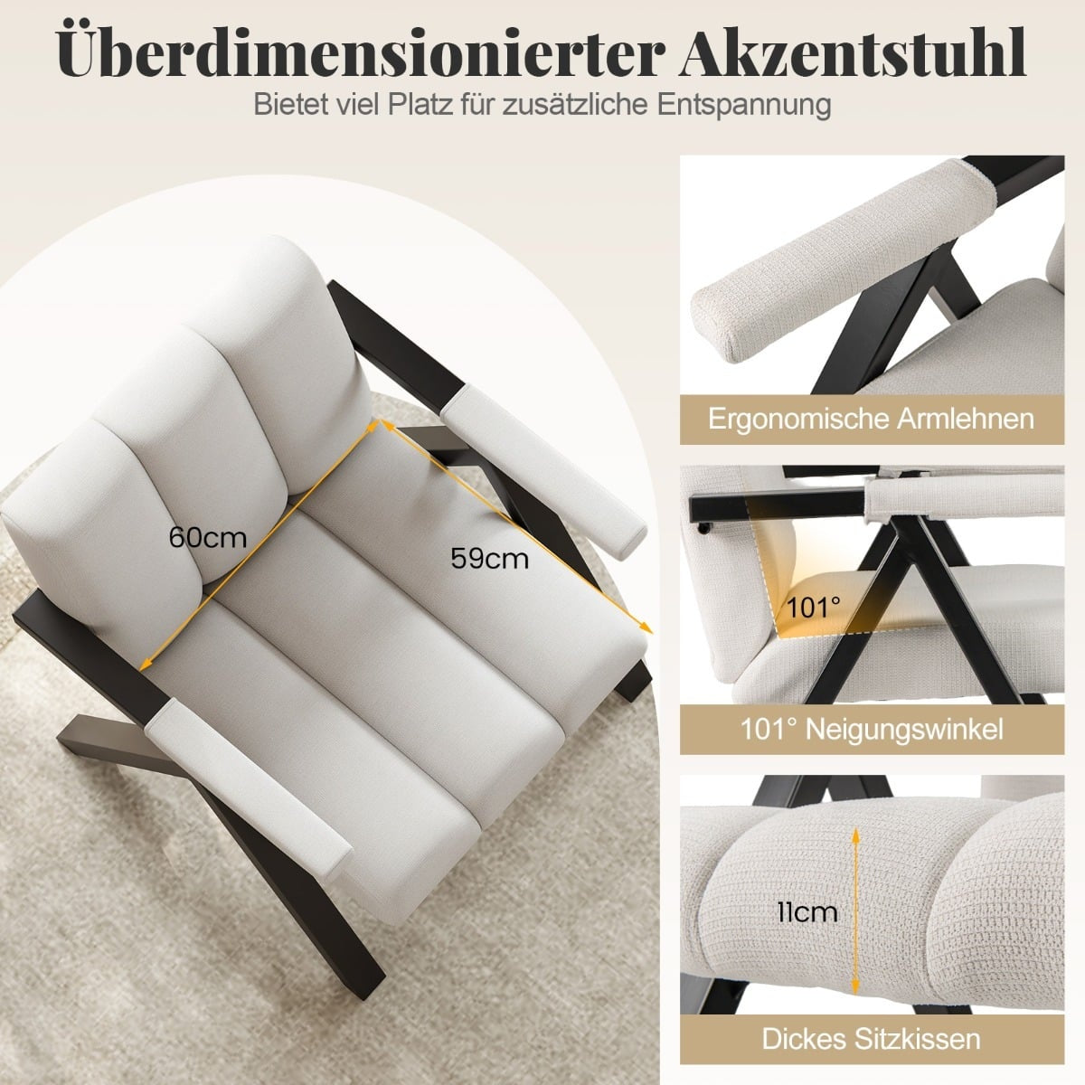 Beige Lounge Chair with Armrests & Metal Frame