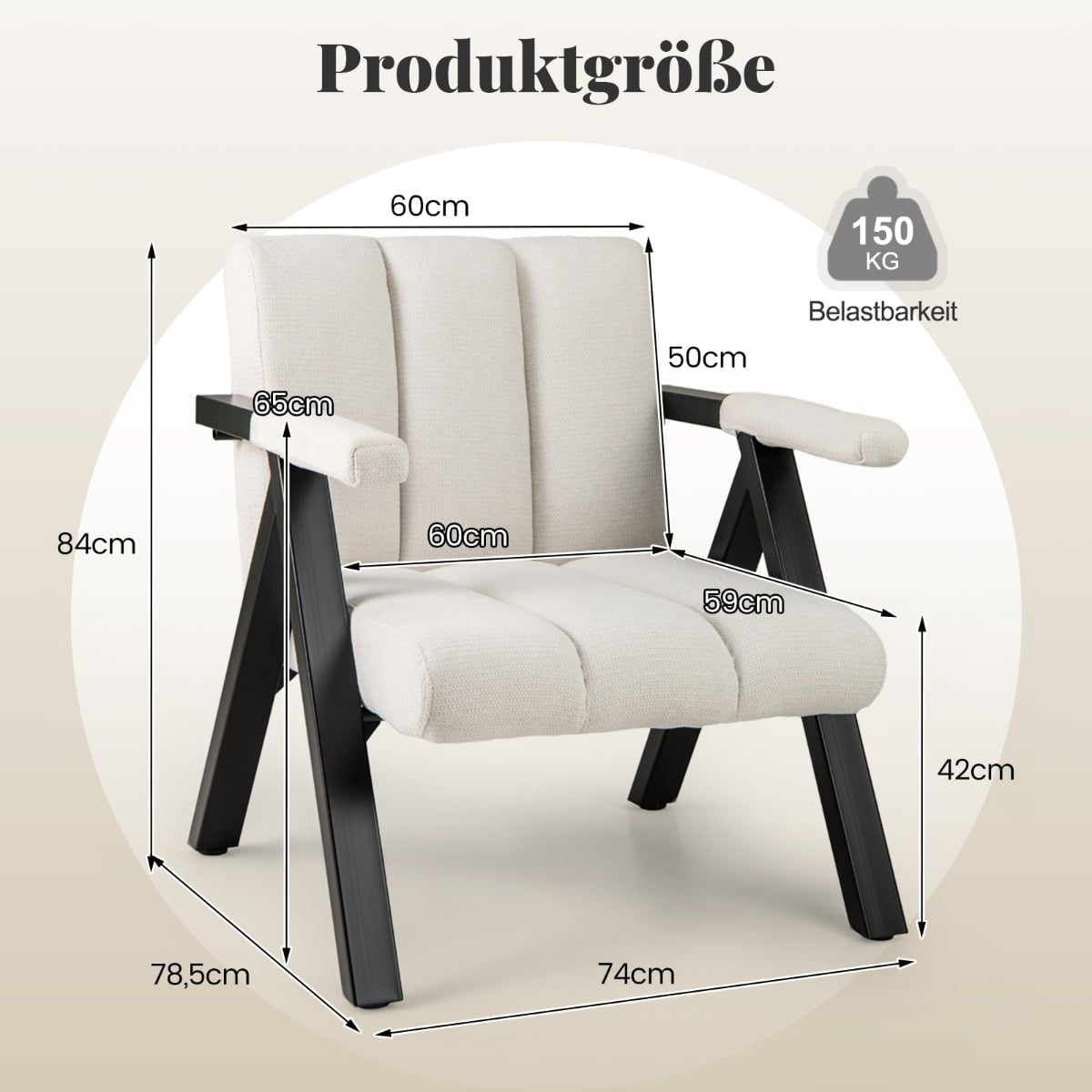 Beige Lounge Chair with Armrests & Metal Frame