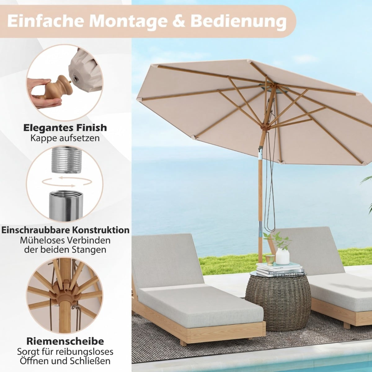 Beige Patio Umbrella, 270 cm, Bamboo Frame, Adjustable Tilt