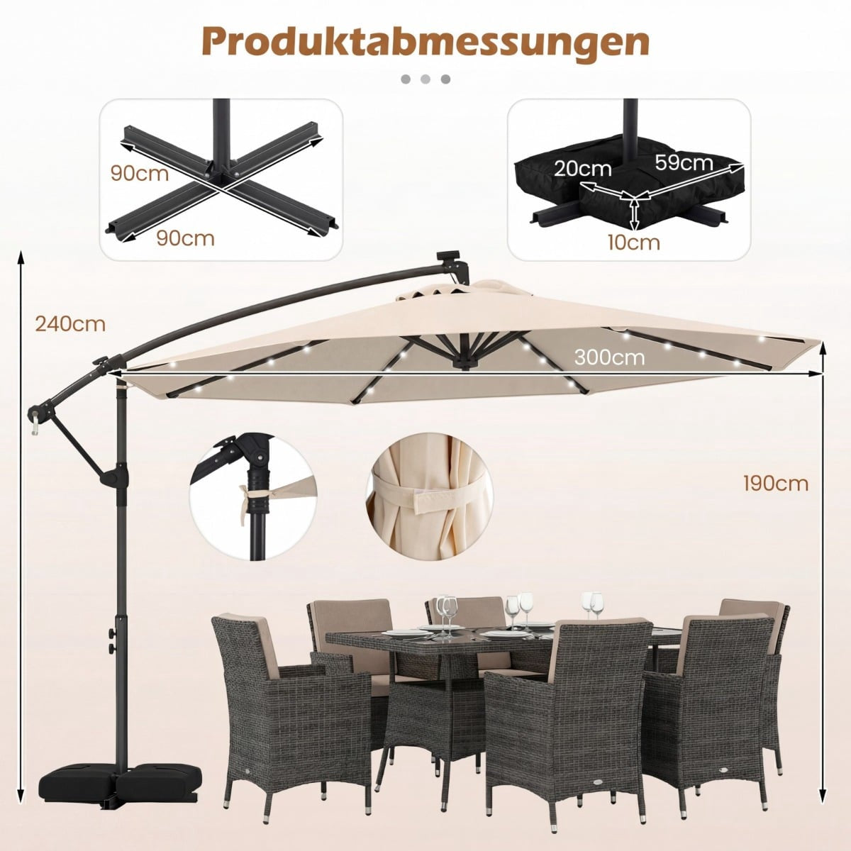 Beige Solar LED Patio Umbrella, 360 Rotatable, 300cm
