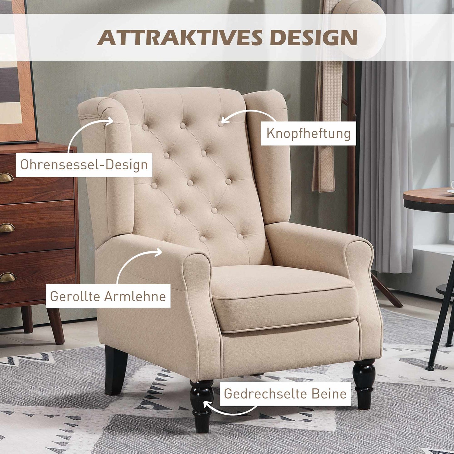Beige Wingback Armchair, Removable Cover, 74 x 87 x 102 cm