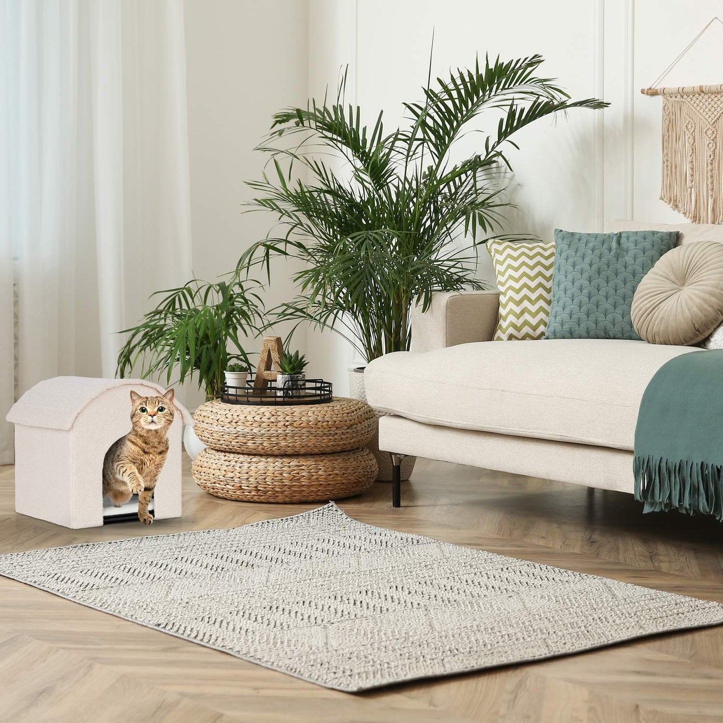 Beige cat pit with scratching surface