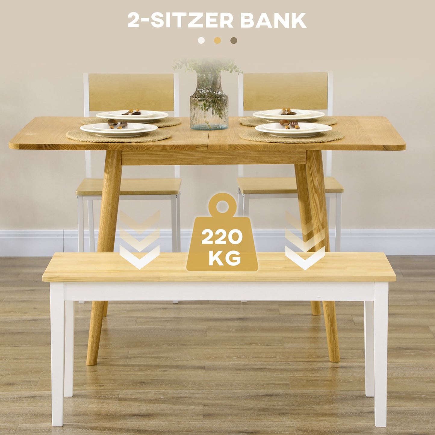 White Pine Wood 2-seater dining bench, 220 kg capacity, 102x36x45 cm