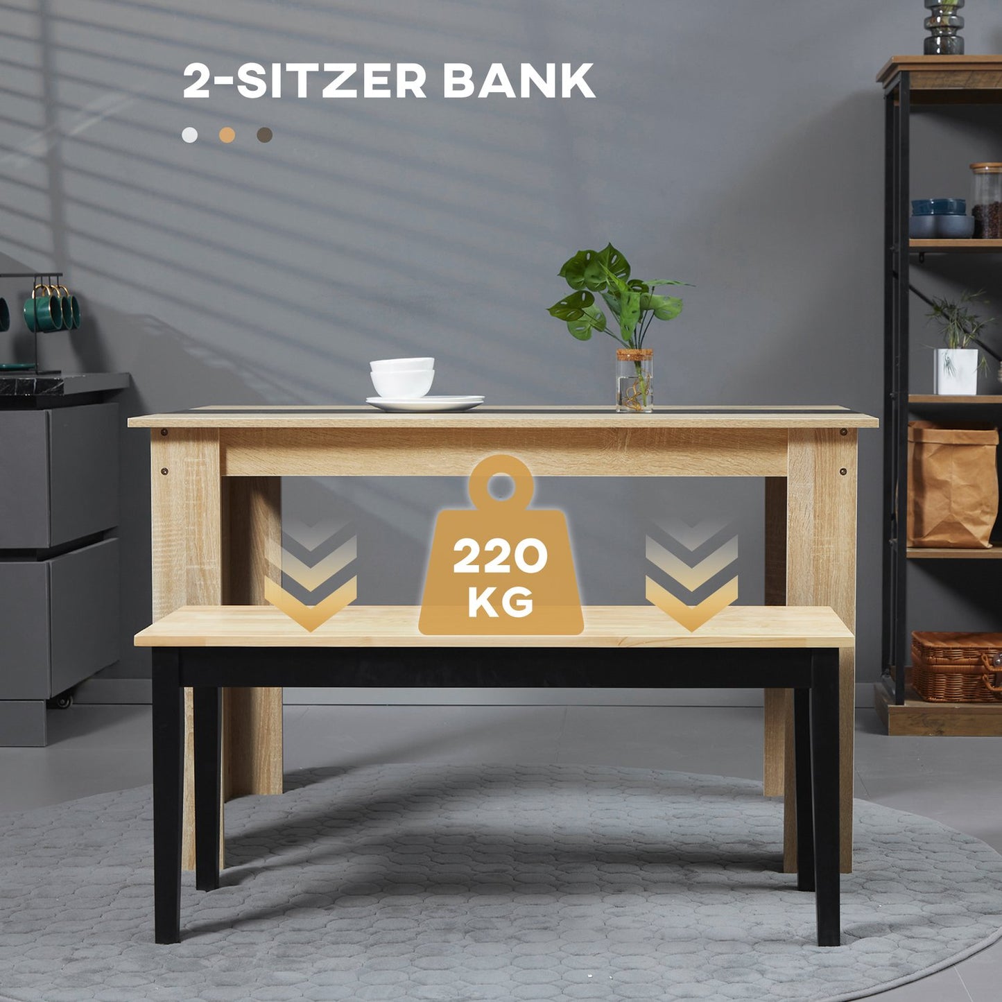 2-seater dining bench in wood, pine, 102x36x45cm, capacity 220 kg