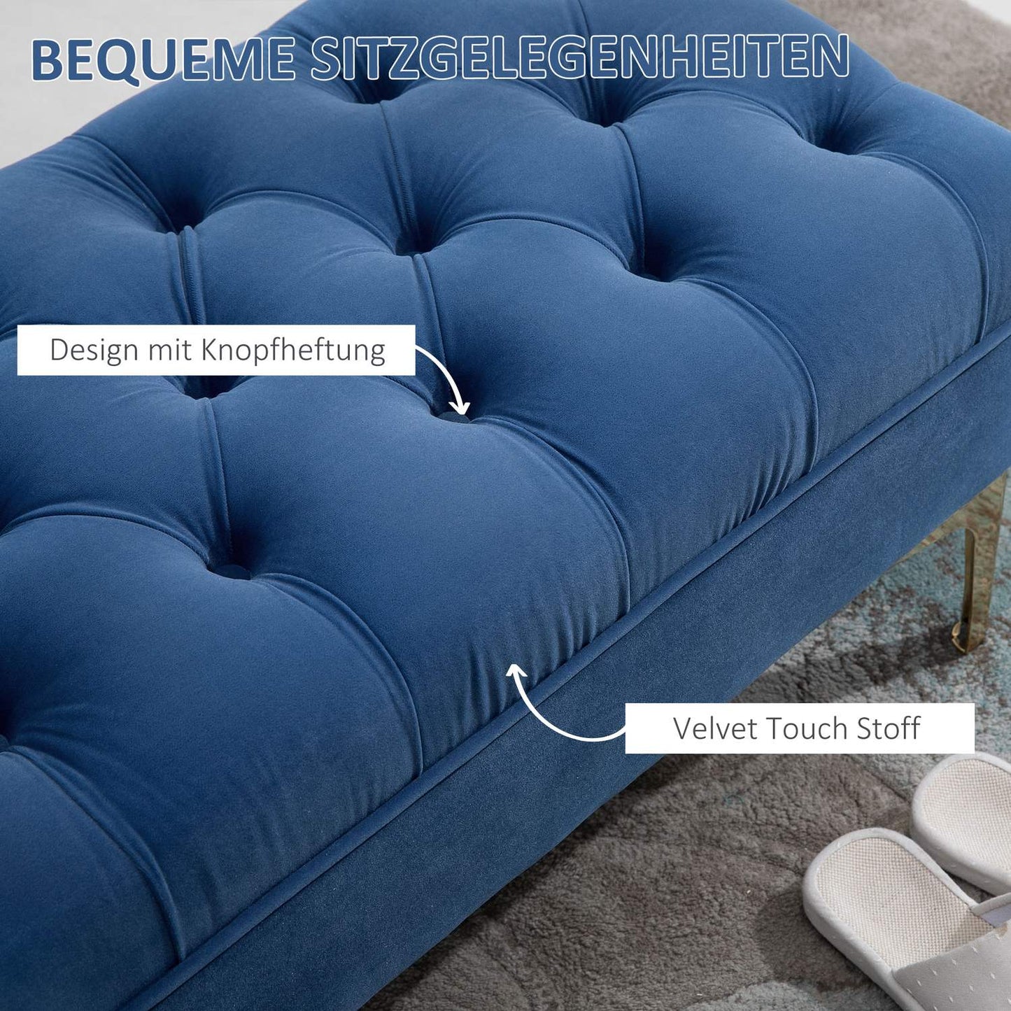 Velvet blue shoe bench - bedroom, raised legs, 118x45x42 cm