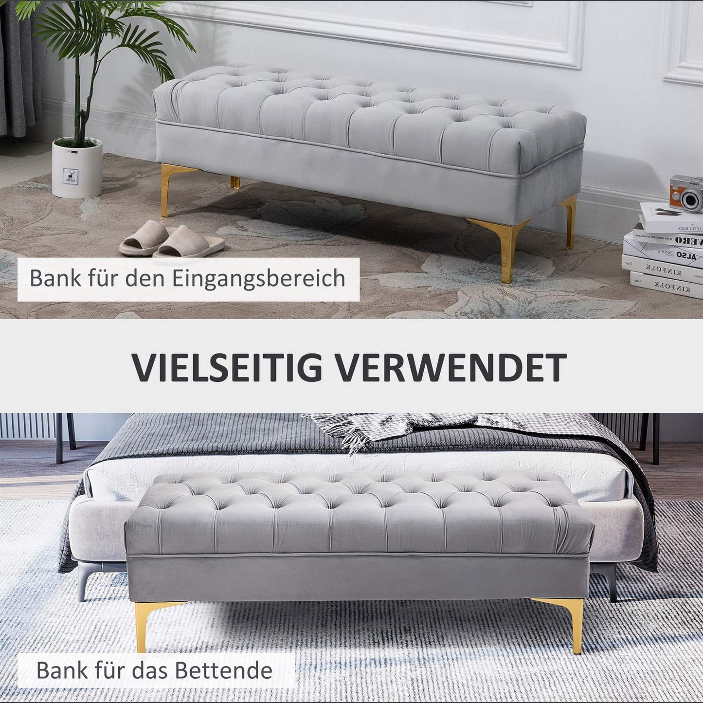 Velvet shoe storage bench, light grey, 118x45x42cm