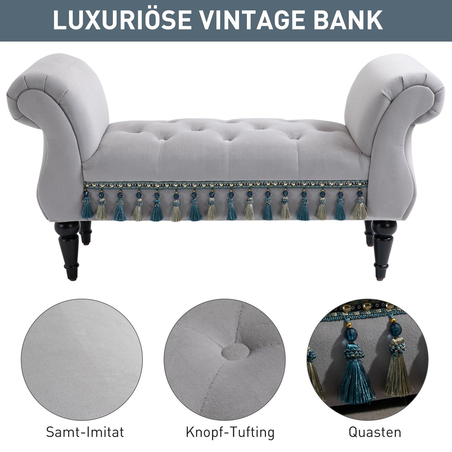 Elegant gray upholstered wooden bench - 117 x 40 x 58 cm