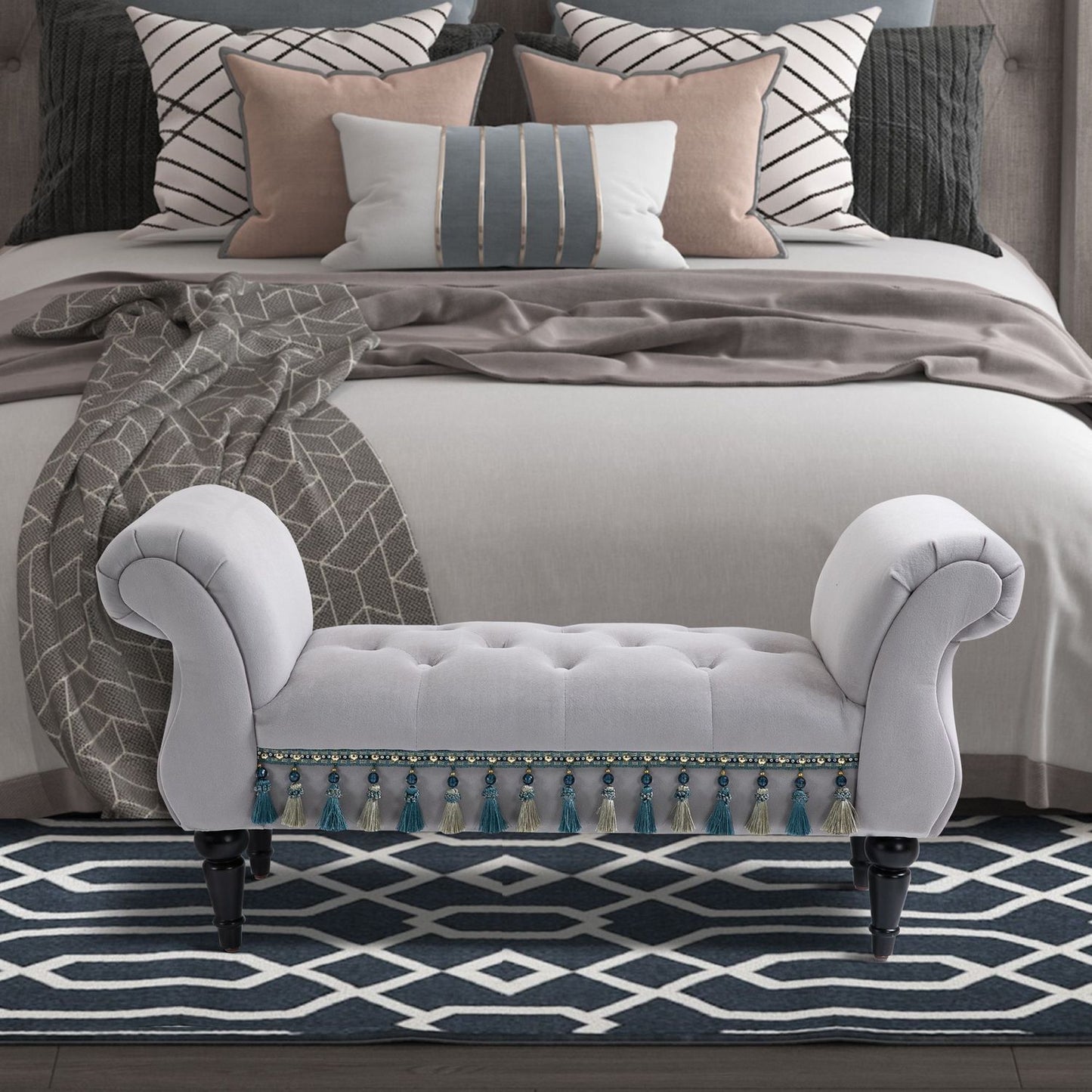 Elegant gray upholstered wooden bench - 117 x 40 x 58 cm