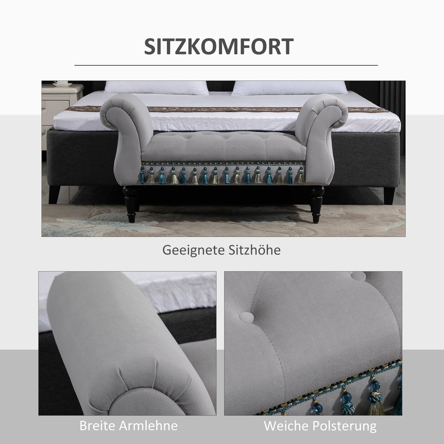 Elegant gray upholstered wooden bench - 117 x 40 x 58 cm