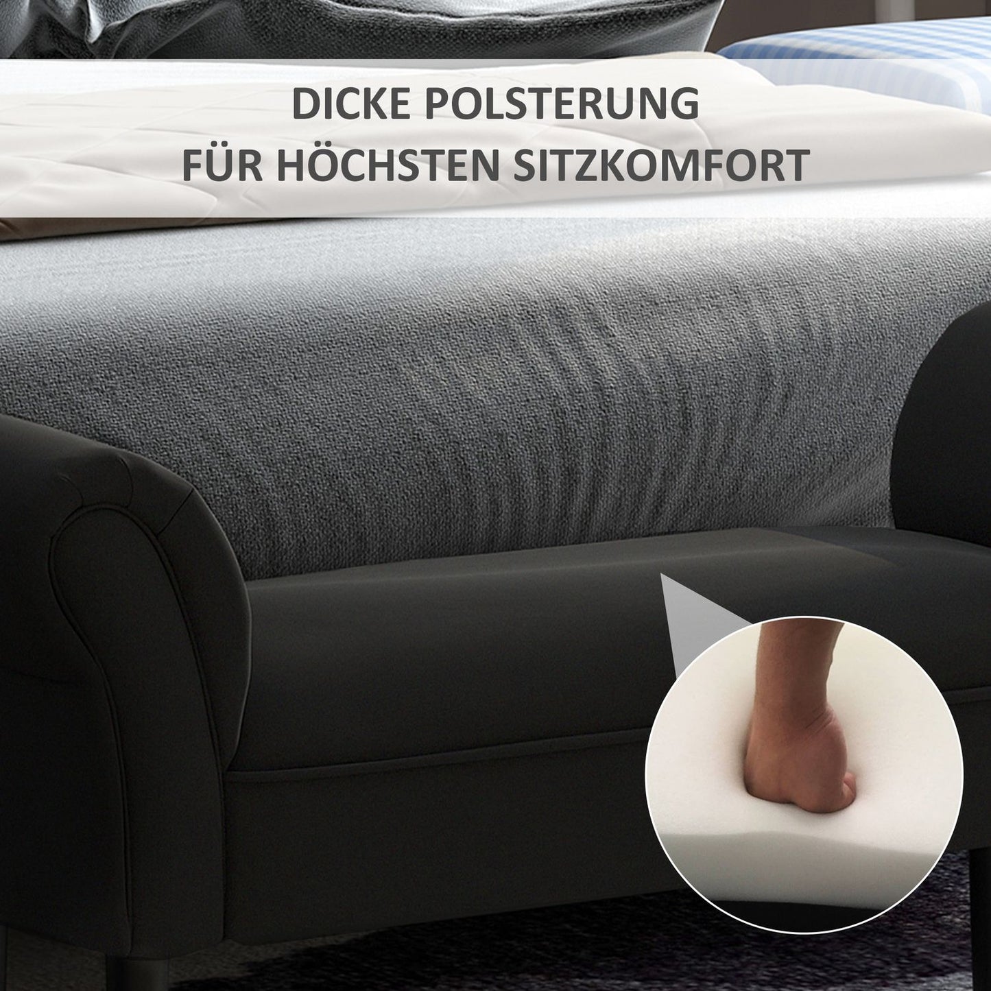 Black upholstered bedroom bench - MDF & Foam, 102x31x51 cm