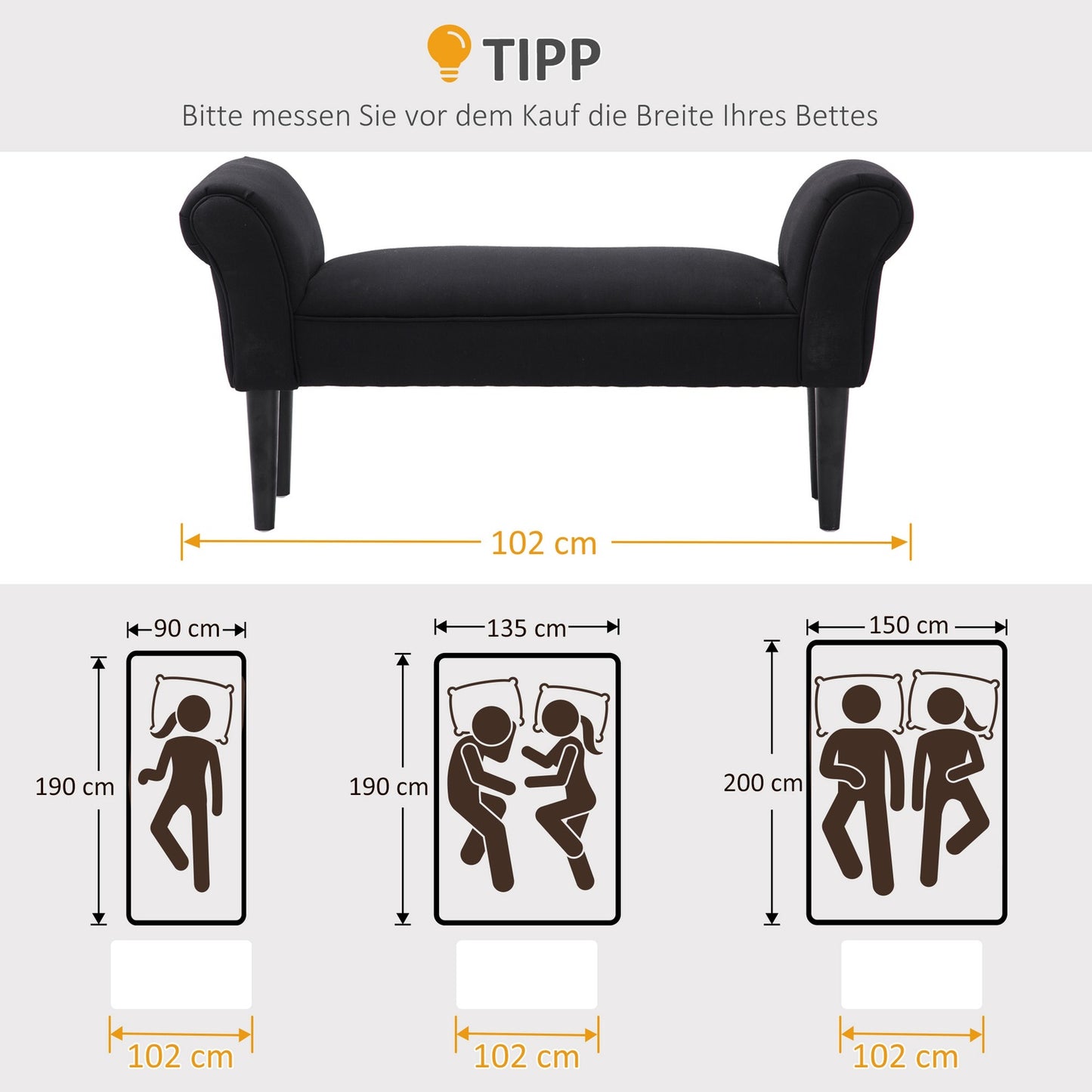 Black upholstered bedroom bench - MDF & Foam, 102x31x51 cm