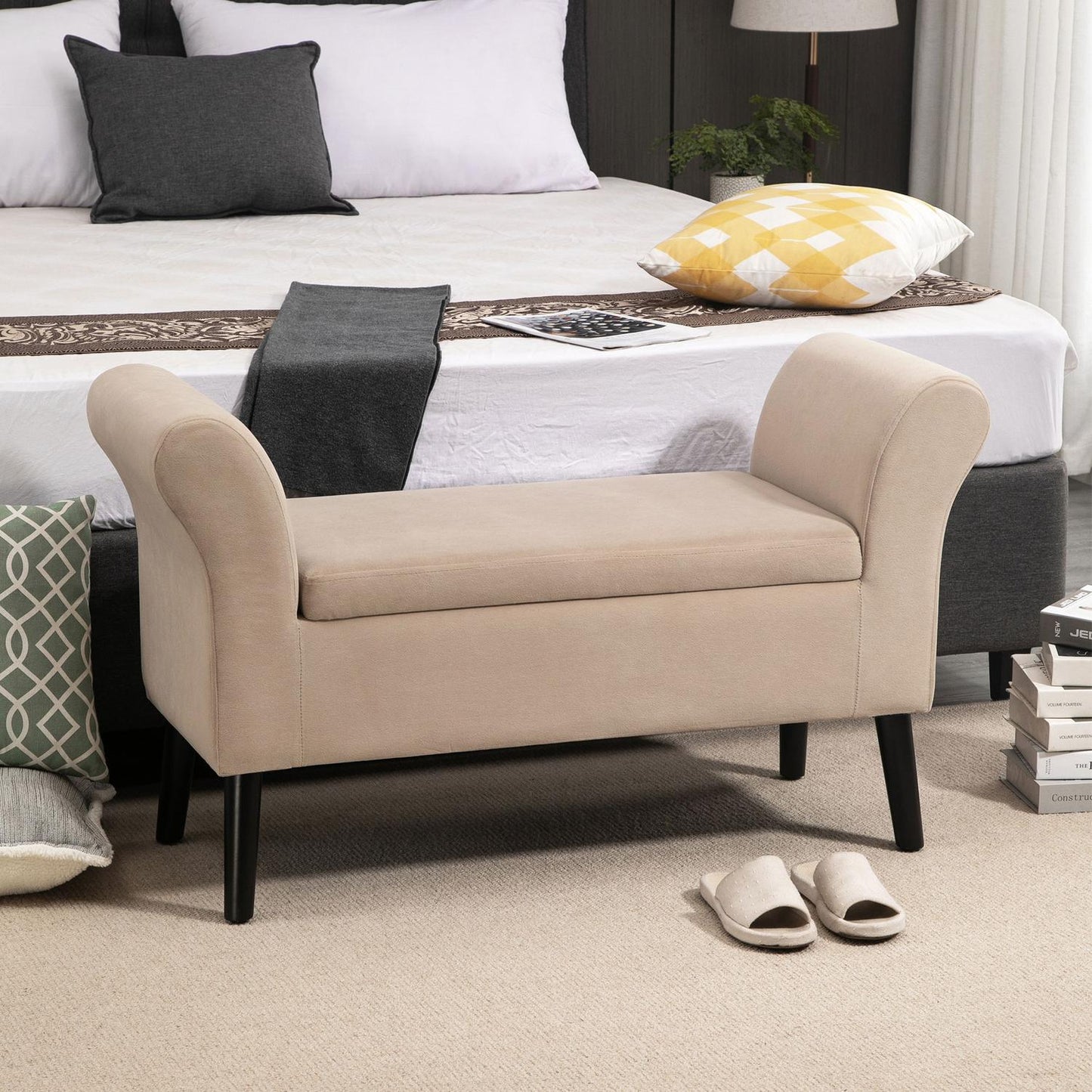 Modern upholstered bench with storage, velvety fabric