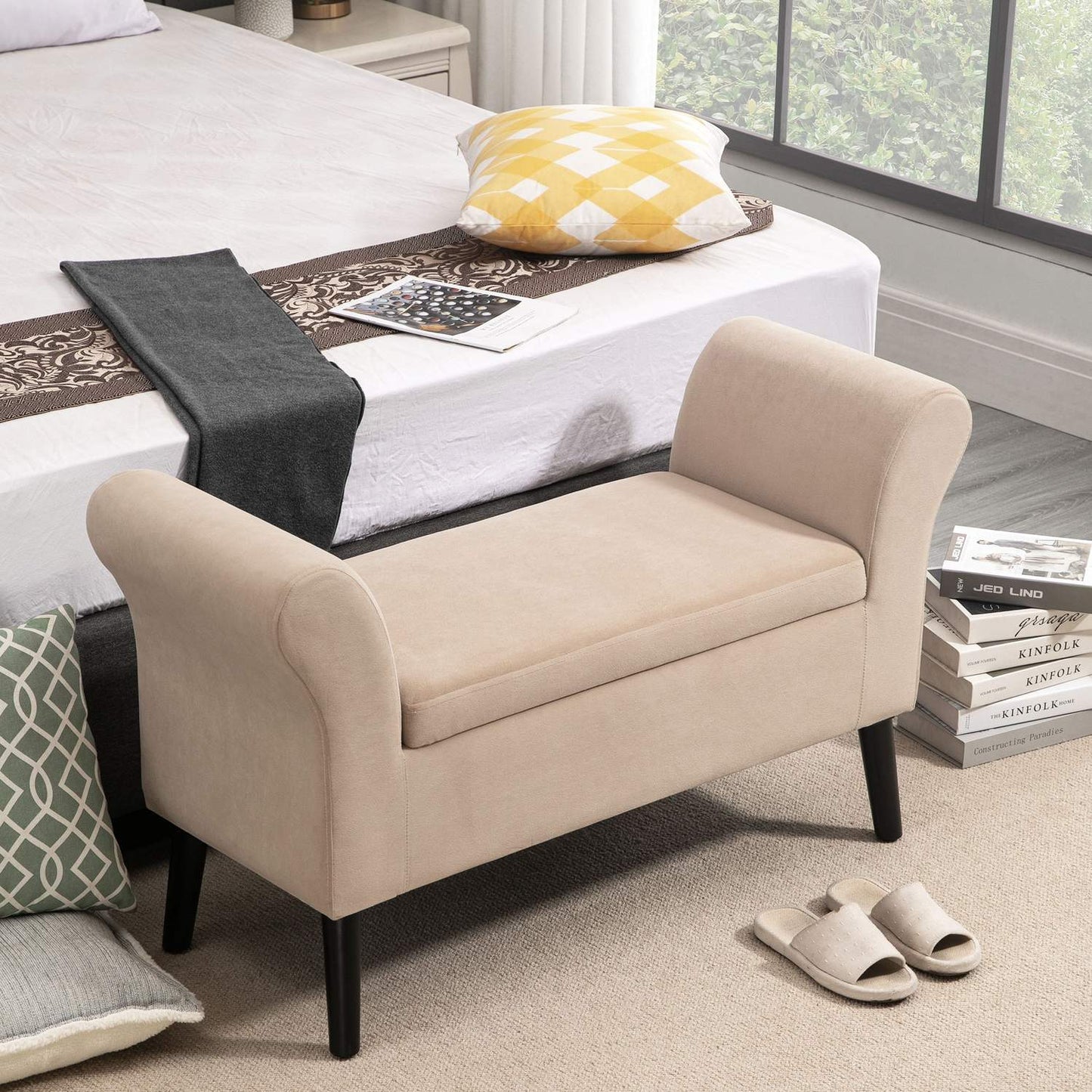 Modern upholstered bench with storage, velvety fabric