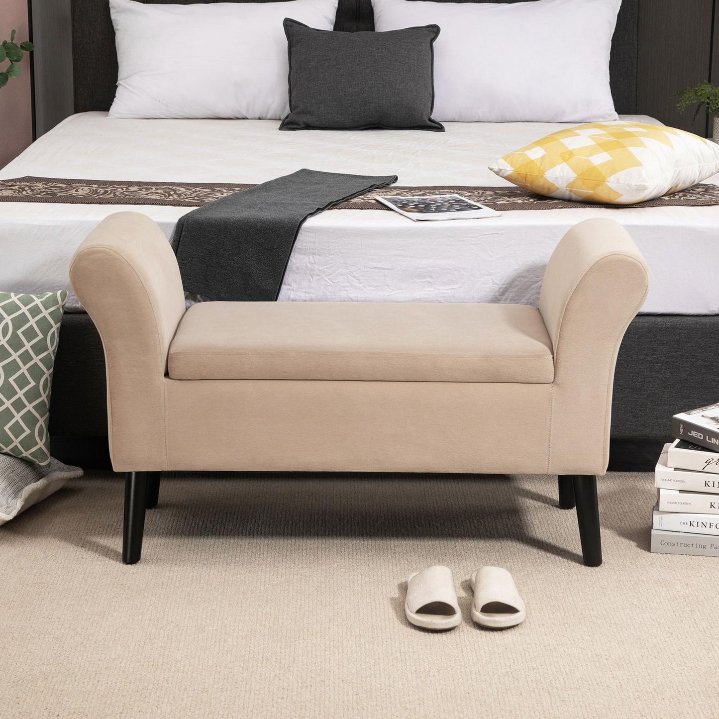 Modern upholstered bench with storage, velvety fabric