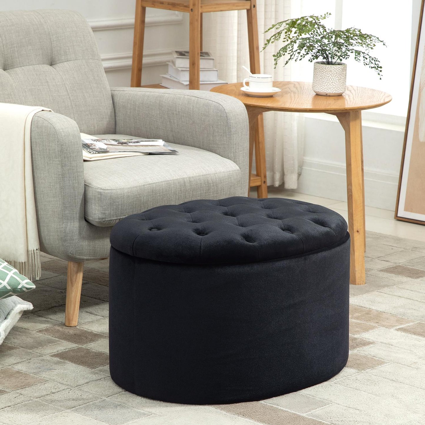 Modern Black Oval Bench - Upholstered Storage, Velvet Smooth Finish