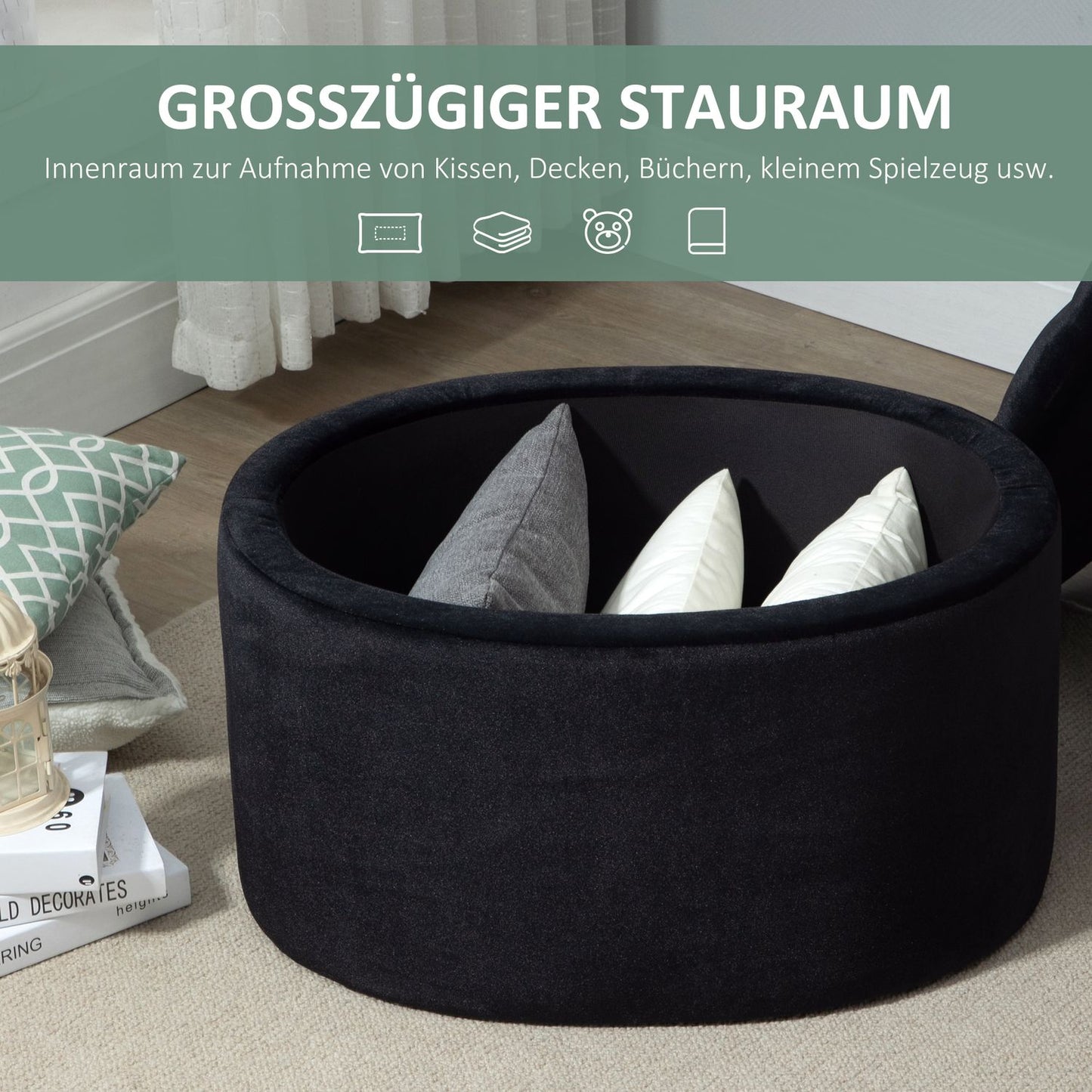 Modern Black Oval Bench - Upholstered Storage, Velvet Smooth Finish