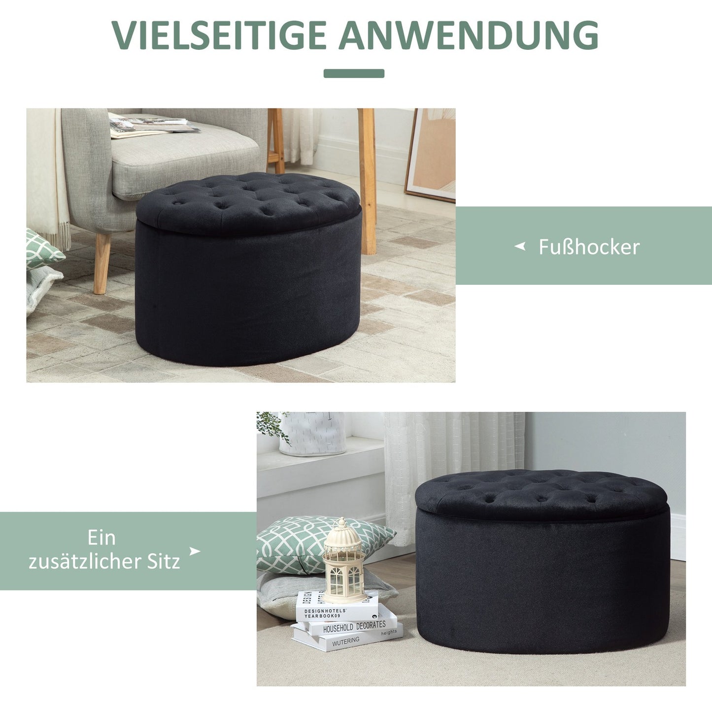 Modern Black Oval Bench - Upholstered Storage, Velvet Smooth Finish