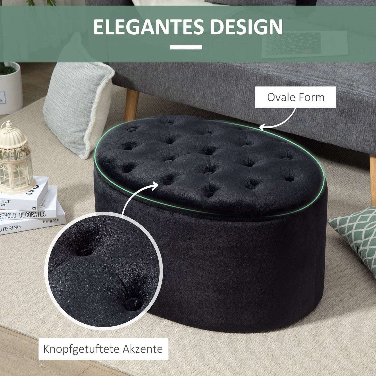 Modern Black Oval Bench - Upholstered Storage, Velvet Smooth Finish