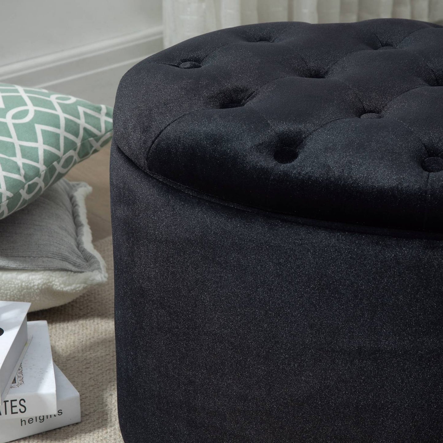 Modern Black Oval Bench - Upholstered Storage, Velvet Smooth Finish