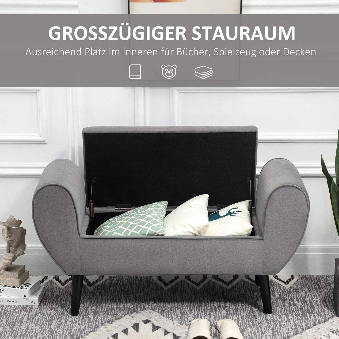 Gray Modern Storage Bench - Velvet, 118x42x66 cm