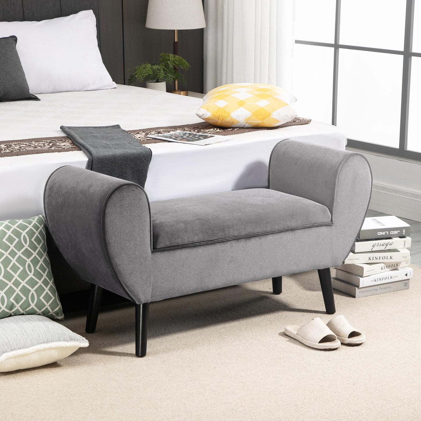 Gray Modern Storage Bench - Velvet, 118x42x66 cm