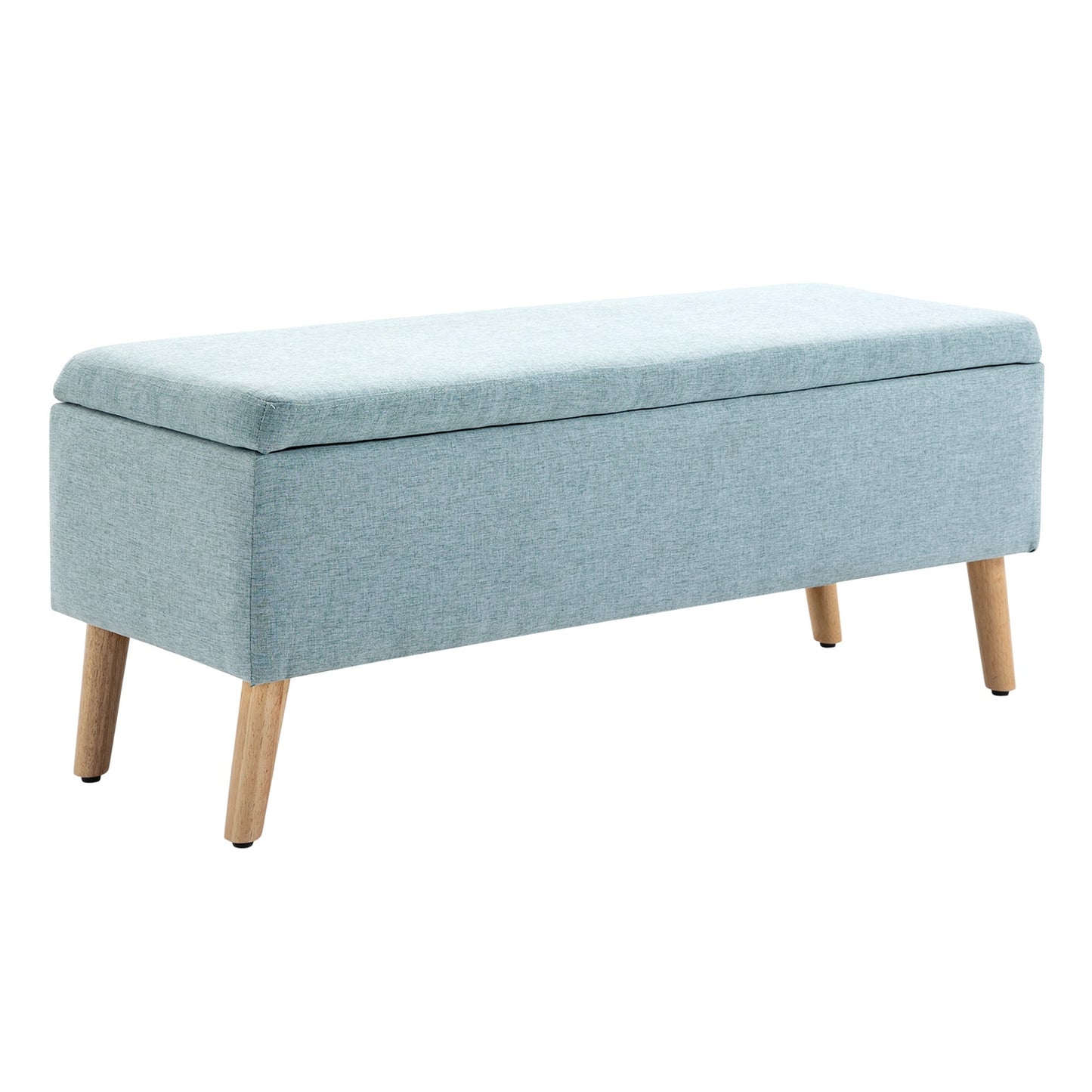 Light green upholstered bench with storage, linen-like fabric