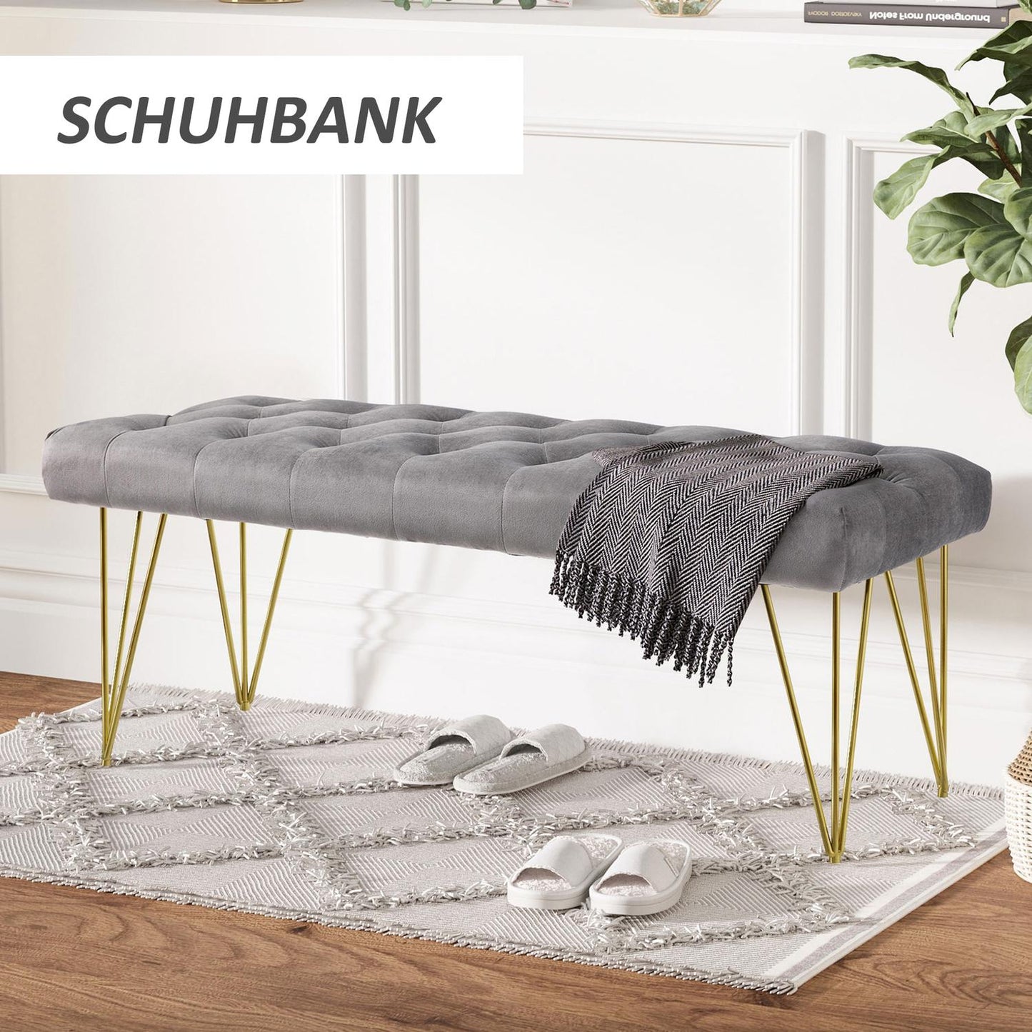Gray velvet shoe bench - 116x44.5x49 cm, storage in entrance