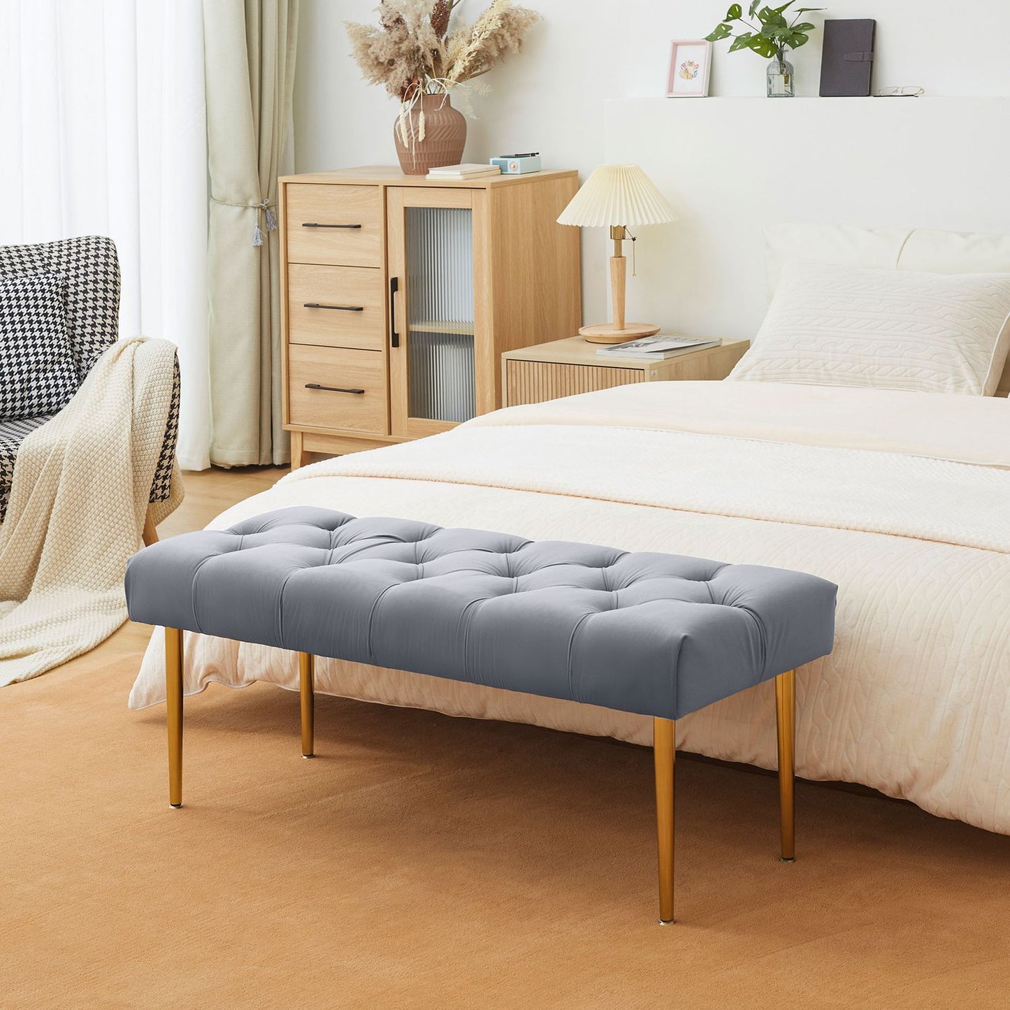 Velvet covered bench - Steel frame, capacity 200 kg, light grey