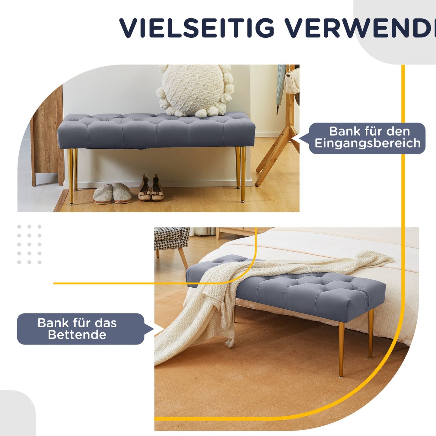 Velvet covered bench - Steel frame, capacity 200 kg, light grey