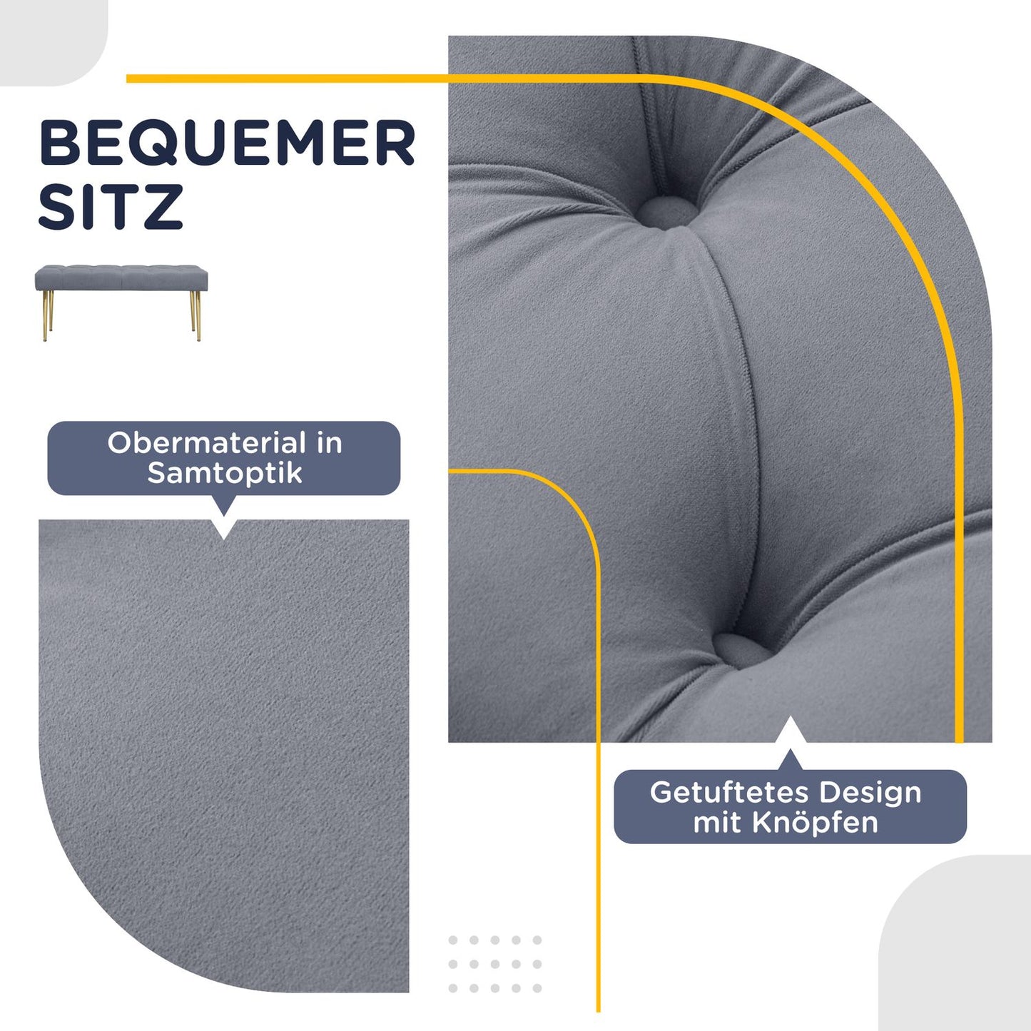 Velvet covered bench - Steel frame, capacity 200 kg, light grey