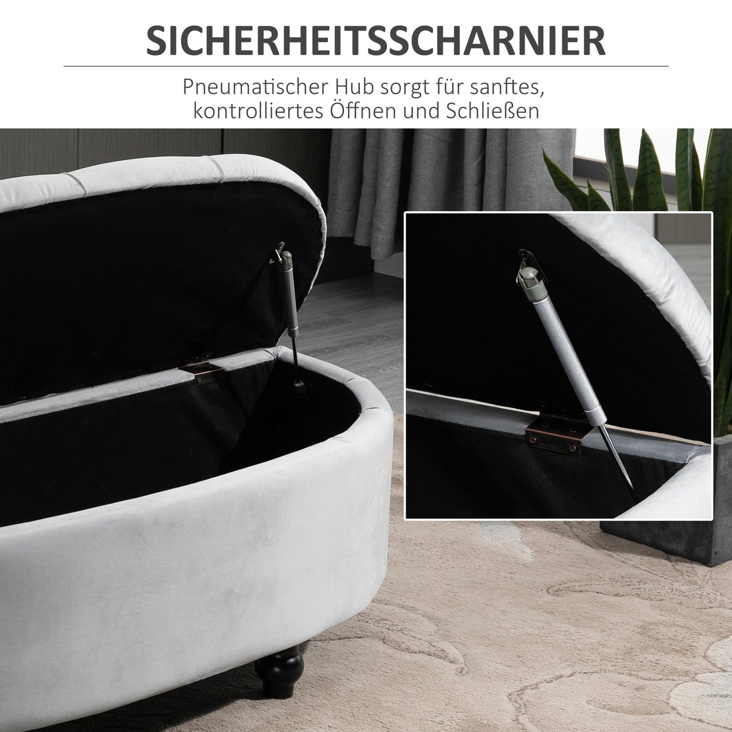 Velvet Touch storage bench stool, rubber wood, grey