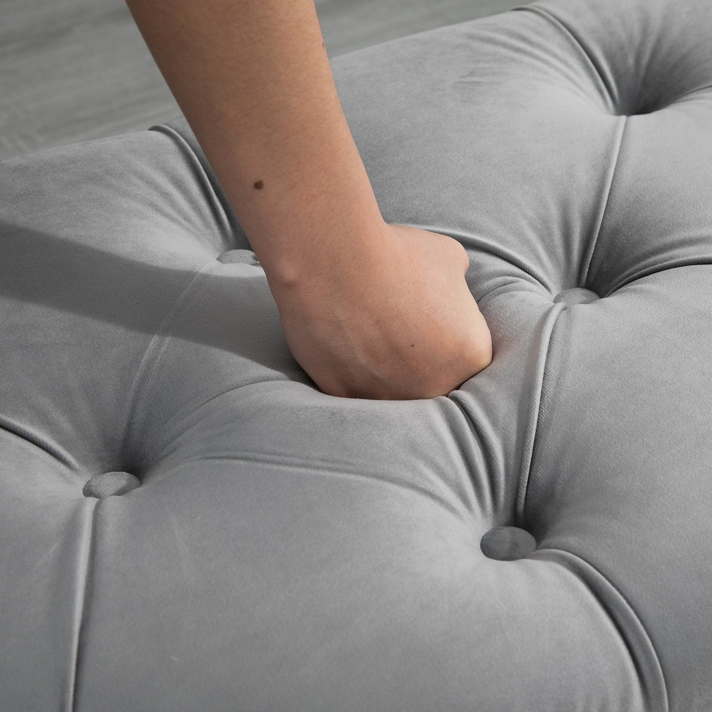 Velvet Touch storage bench stool, rubber wood, grey