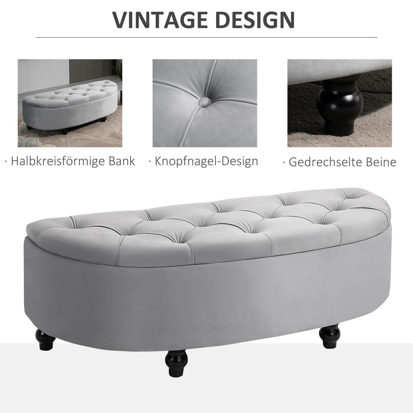 Velvet Touch storage bench stool, rubber wood, grey