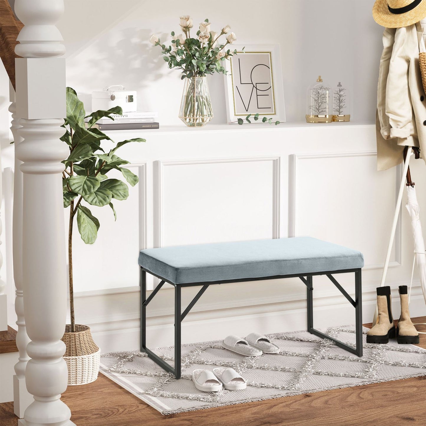 Velvet covered bench, blue, capacity 200 kg