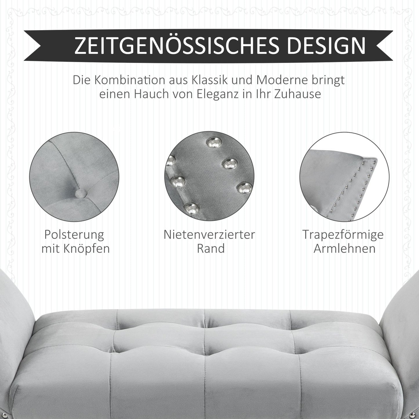 Modern upholstered bench, light gray velvet, 114x46x56cm
