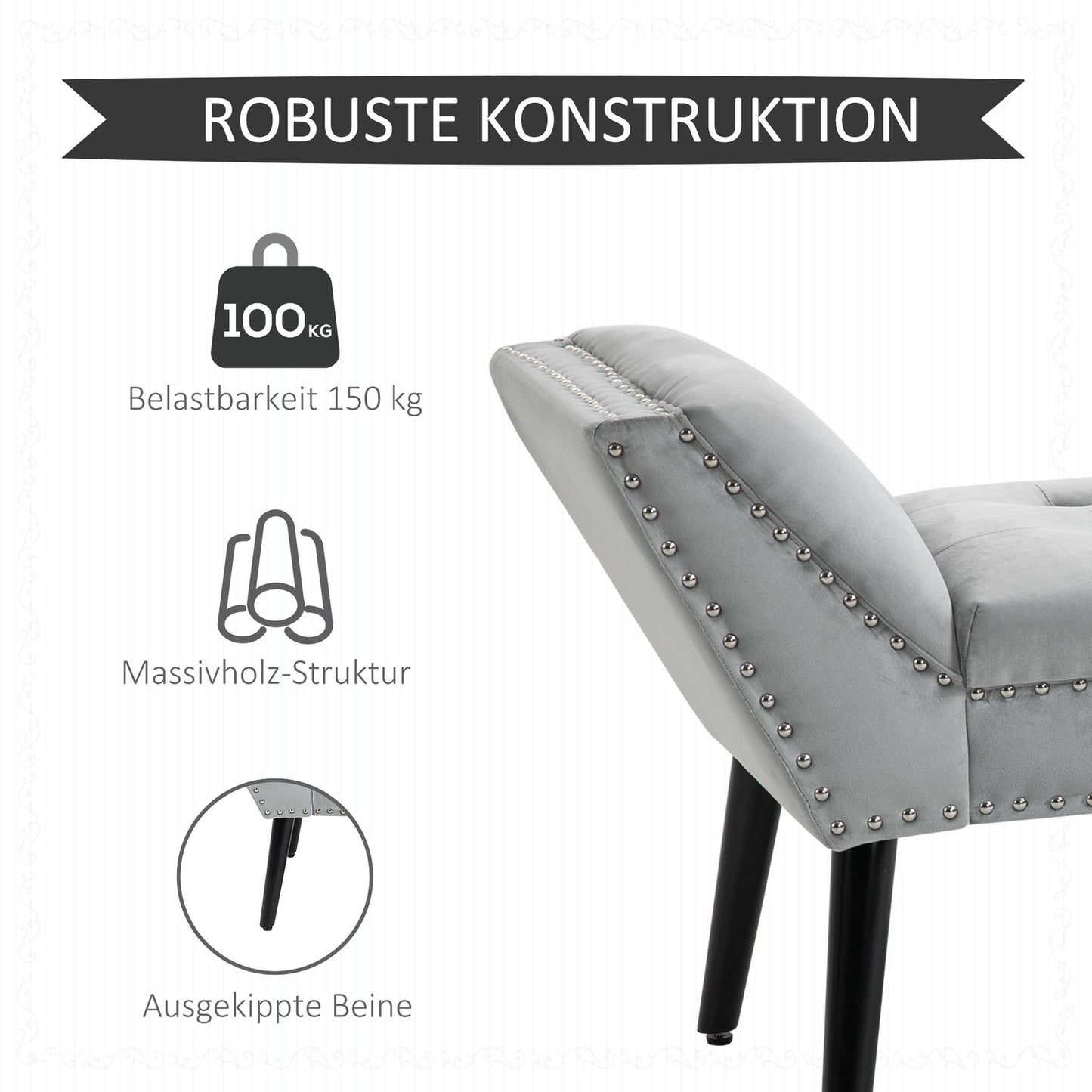 Modern upholstered bench, light gray velvet, 114x46x56cm