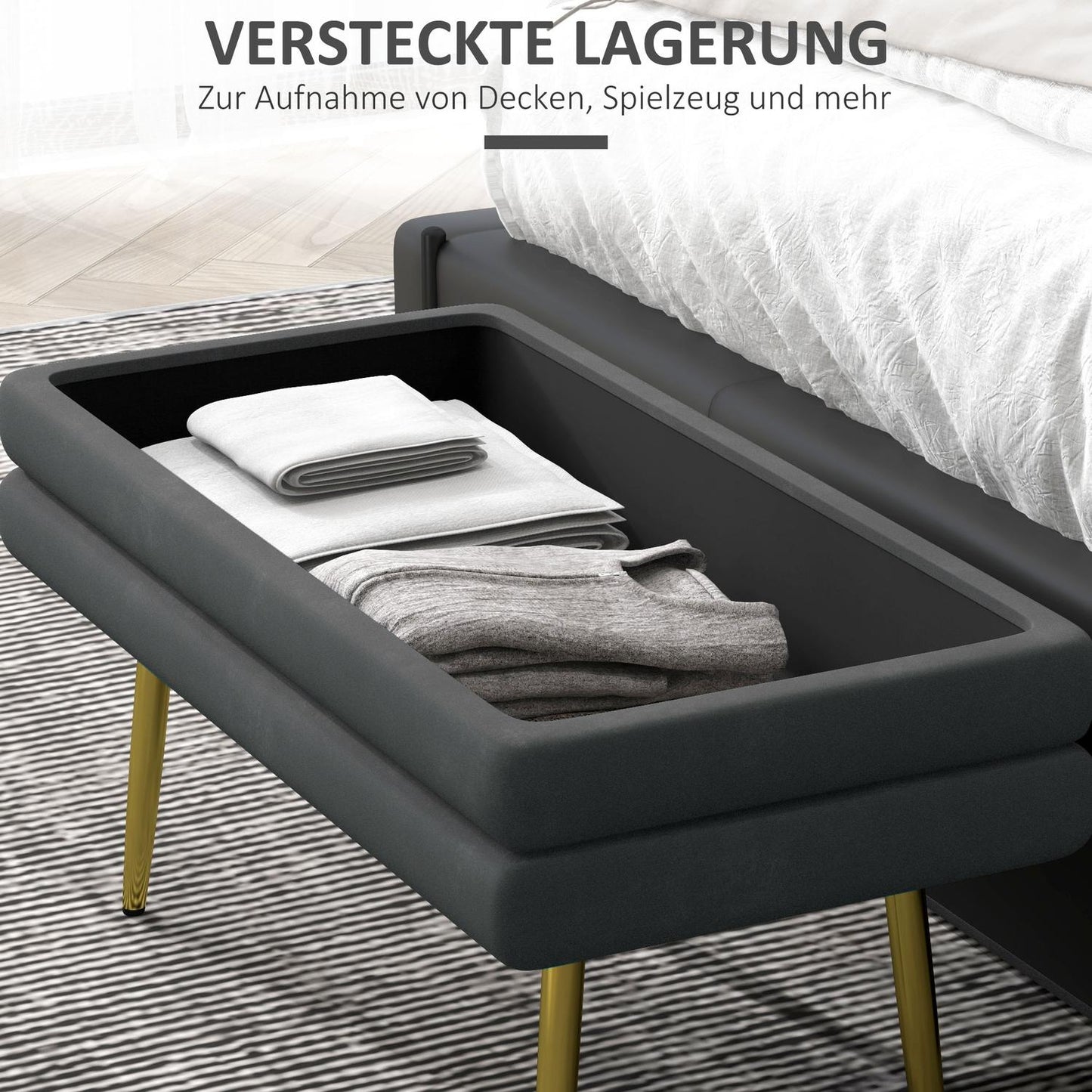 Upholstered bench in gray velvet look with storage space