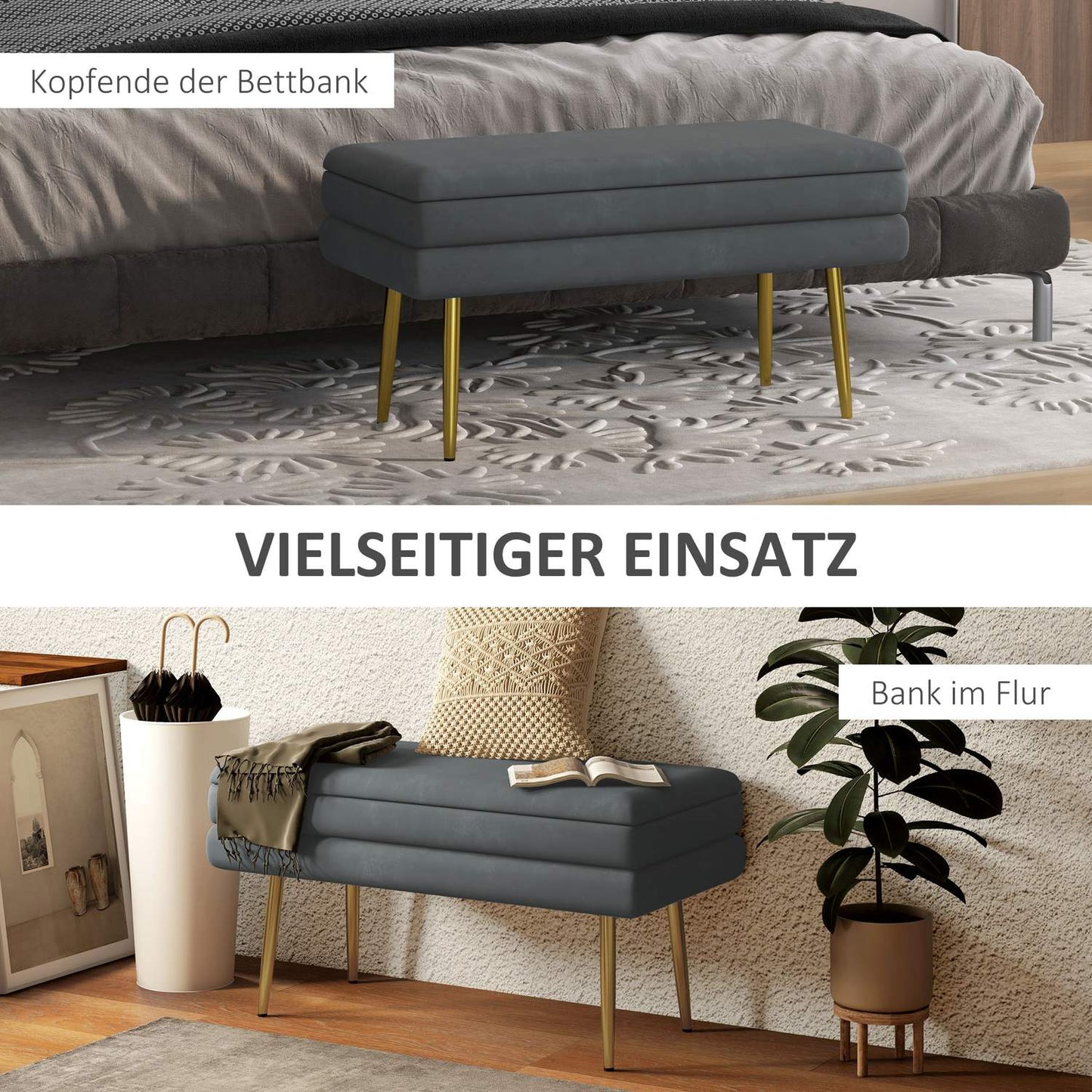 Upholstered bench in gray velvet look with storage space