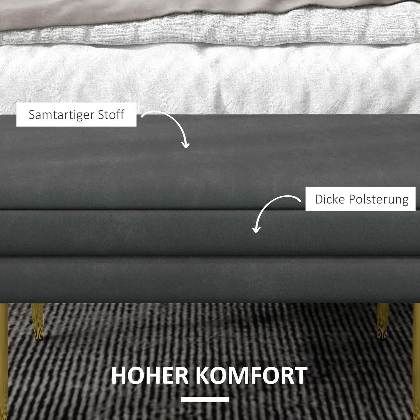 Upholstered bench in gray velvet look with storage space