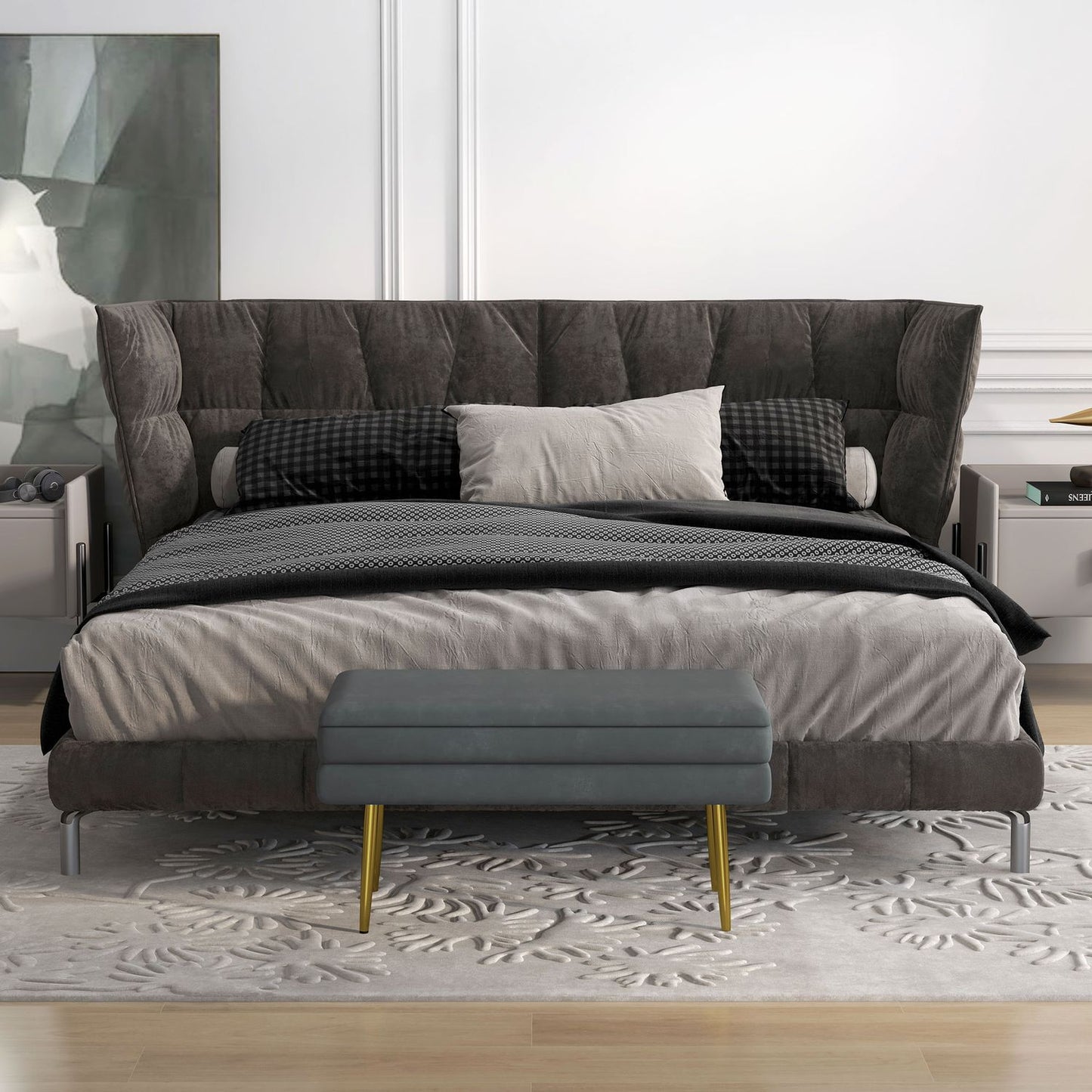 Upholstered bench in gray velvet look with storage space