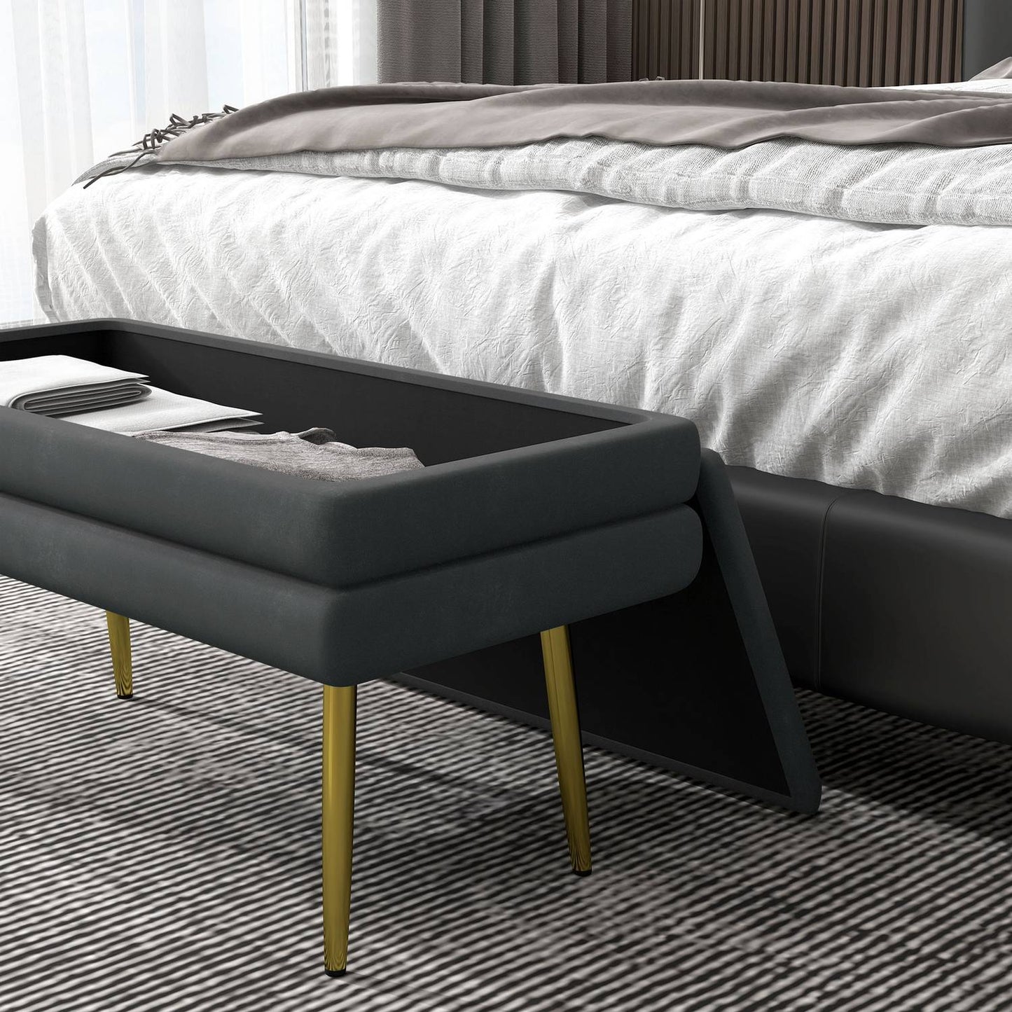 Upholstered bench in gray velvet look with storage space
